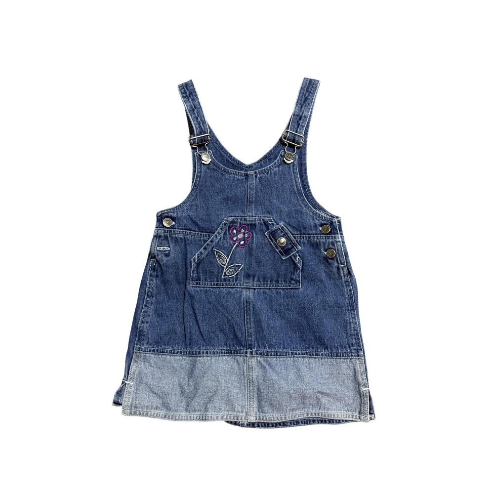 Arizona Jean Co Overall Dress Girls Size 5 Blue Denim Floral Embroidered